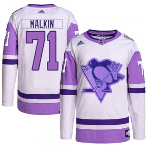 Authentic Adidas Adult Evgeni Malkin White/Purple Hockey Fights Cancer Primegreen Jersey - NHL Pittsburgh Penguins