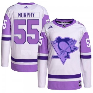 Authentic Adidas Adult Larry Murphy White/Purple Hockey Fights Cancer Primegreen Jersey - NHL Pittsburgh Penguins