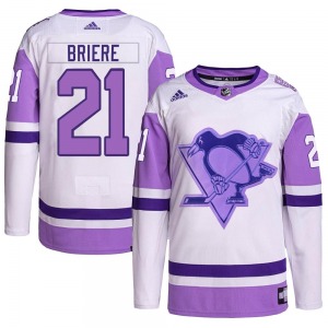 Authentic Adidas Youth Michel Briere White/Purple Hockey Fights Cancer Primegreen Jersey - NHL Pittsburgh Penguins