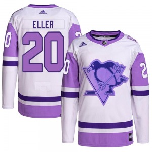 Authentic Adidas Youth Lars Eller White/Purple Hockey Fights Cancer Primegreen Jersey - NHL Pittsburgh Penguins