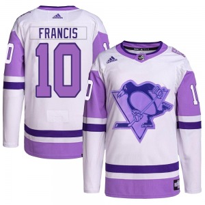 Authentic Adidas Youth Ron Francis White/Purple Hockey Fights Cancer Primegreen Jersey - NHL Pittsburgh Penguins