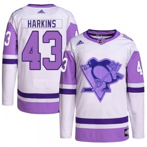 Authentic Adidas Youth Jansen Harkins White/Purple Hockey Fights Cancer Primegreen Jersey - NHL Pittsburgh Penguins