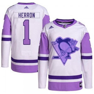 Authentic Adidas Youth Denis Herron White/Purple Hockey Fights Cancer Primegreen Jersey - NHL Pittsburgh Penguins