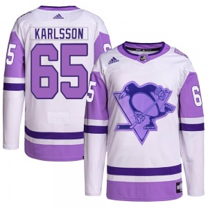 Authentic Adidas Youth Erik Karlsson White/Purple Hockey Fights Cancer Primegreen Jersey - NHL Pittsburgh Penguins