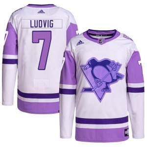 Authentic Adidas Youth John Ludvig White/Purple Hockey Fights Cancer Primegreen Jersey - NHL Pittsburgh Penguins
