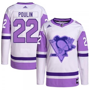 Authentic Adidas Youth Sam Poulin White/Purple Hockey Fights Cancer Primegreen Jersey - NHL Pittsburgh Penguins