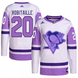 Authentic Adidas Youth Luc Robitaille White/Purple Hockey Fights Cancer Primegreen Jersey - NHL Pittsburgh Penguins
