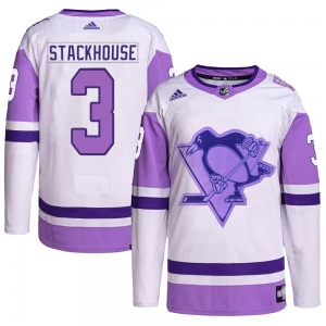 Authentic Adidas Youth Ron Stackhouse White/Purple Hockey Fights Cancer Primegreen Jersey - NHL Pittsburgh Penguins