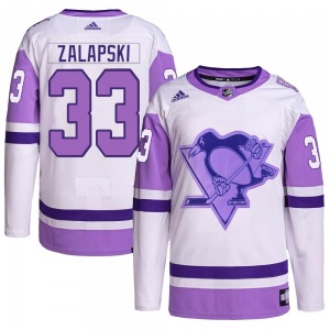 Authentic Adidas Youth Zarley Zalapski White/Purple Hockey Fights Cancer Primegreen Jersey - NHL Pittsburgh Penguins