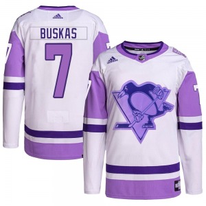 Authentic Adidas Youth Rod Buskas White/Purple Hockey Fights Cancer Primegreen Jersey - NHL Pittsburgh Penguins