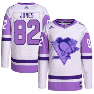 Authentic Adidas Youth Caleb Jones White/Purple Hockey Fights Cancer Primegreen Jersey - NHL Pittsburgh Penguins