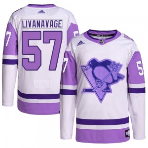 Authentic Adidas Youth Jake Livanavage White/Purple Hockey Fights Cancer Primegreen Jersey - NHL Pittsburgh Penguins