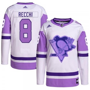 Authentic Adidas Youth Mark Recchi White/Purple Hockey Fights Cancer Primegreen Jersey - NHL Pittsburgh Penguins