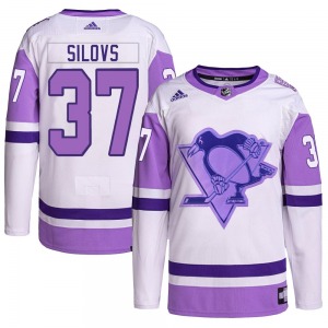Authentic Adidas Youth Arturs Silovs White/Purple Hockey Fights Cancer Primegreen Jersey - NHL Pittsburgh Penguins