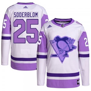 Authentic Adidas Youth Elmer Soderblom White/Purple Hockey Fights Cancer Primegreen Jersey - NHL Pittsburgh Penguins